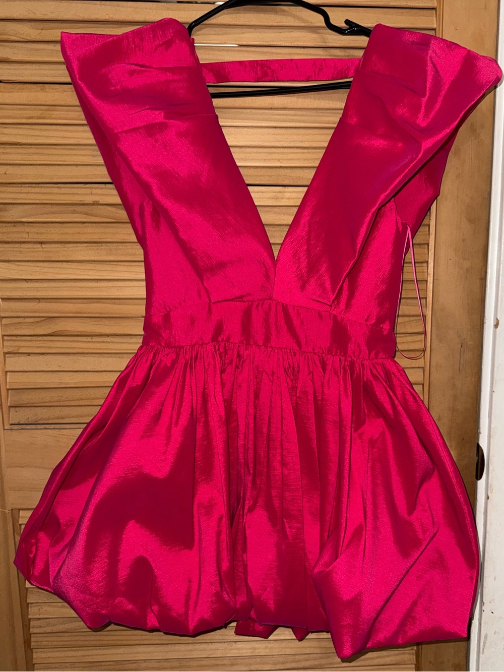 AKIRA Satin Deep V Bubble Mini Dress in Hot Pink